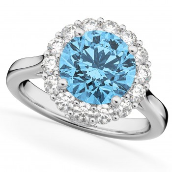 Halo Round Lab Blue Topaz & Lab Grown Diamond Engagement Ring 14K White Gold 4.45ct