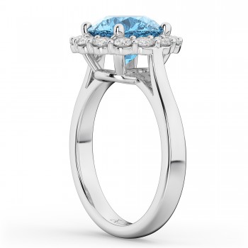 Halo Round Lab Blue Topaz & Lab Grown Diamond Engagement Ring 14K White Gold 4.45ct