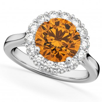 Halo Round Citrine & Diamond Engagement Ring 14K White Gold 3.70ct