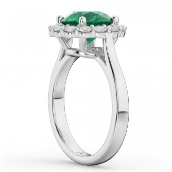 Halo Round Lab Emerald & Lab Grown Diamond Engagement Ring 14K White Gold 4.40ct