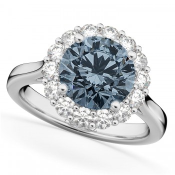 Halo Round Gray Spinel & Diamond Engagement Ring 14K White Gold 3.70ct