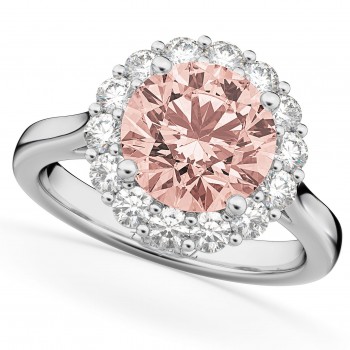 Halo Round Morganite & Diamond Engagement Ring 14K White Gold 3.10ct