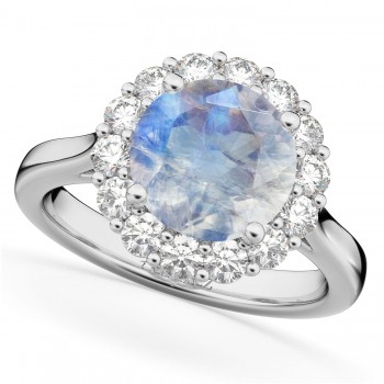 Halo Round Moonstone & Diamond Engagement Ring 14K White Gold 4.45ct