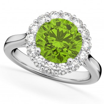 Halo Round Peridot & Diamond Engagement Ring 14K White Gold 4.45ct