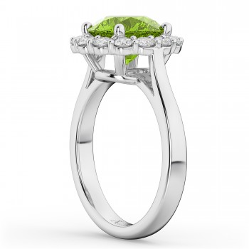 Halo Round Peridot & Diamond Engagement Ring 14K White Gold 4.45ct