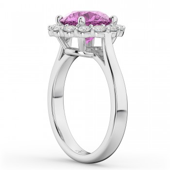 Halo Round Lab Pink Sapphire & Lab Grown Diamond Engagement Ring 14K White Gold 4.45ct