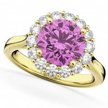 Halo Round Lab Pink Sapphire & Lab Grown Diamond Engagement Ring 14K Yellow Gold 4.45ct
