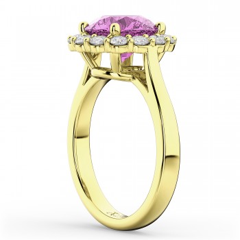 Halo Round Lab Pink Sapphire & Lab Grown Diamond Engagement Ring 14K Yellow Gold 4.45ct