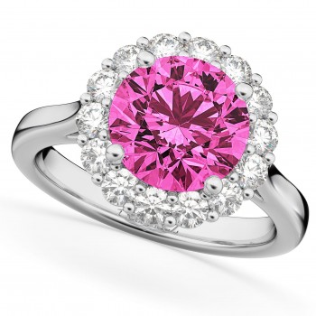 Halo Round Pink Tourmaline & Diamond Engagement Ring 14K White Gold 3.20ct