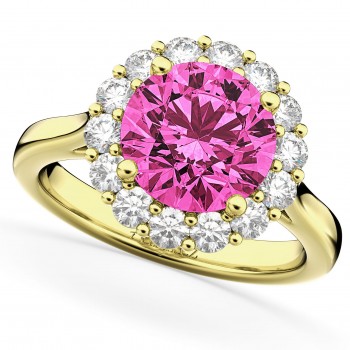 Halo Round Lab Pink Tourmaline & Lab Grown Diamond Engagement Ring 14K Yellow Gold 3.20ct