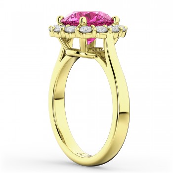 Halo Round Lab Pink Tourmaline & Lab Grown Diamond Engagement Ring 14K Yellow Gold 3.20ct