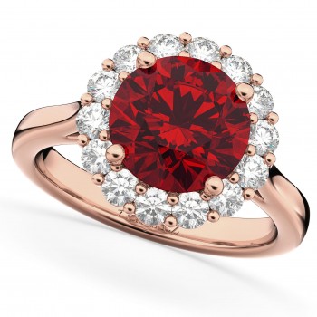 Halo Round Lab Ruby & Lab Grown Diamond Engagement Ring 14K Rose Gold 4.45ct