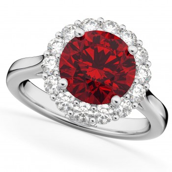 Halo Round Lab Ruby & Lab Grown Diamond Engagement Ring 14K White Gold 4.45ct