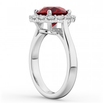 Halo Round Lab Ruby & Lab Grown Diamond Engagement Ring 14K White Gold 4.45ct