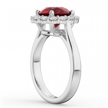 Halo Round Ruby & Diamond Engagement Ring 14K White Gold 4.45ct