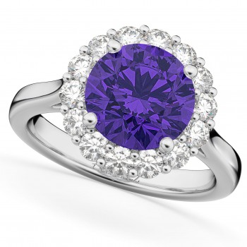 Halo Round Tanzanite & Diamond Engagement Ring 14K White Gold 3.10ct