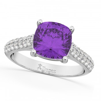 Cushion Cut Amethyst & Diamond Engagement Ring 14k White Gold (4.42ct)