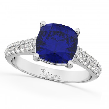 Cushion Cut Blue Sapphire & Diamond Ring 14k White Gold (4.42ct)