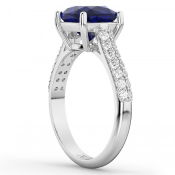 Cushion Cut Blue Sapphire & Diamond Ring 14k White Gold (4.42ct)