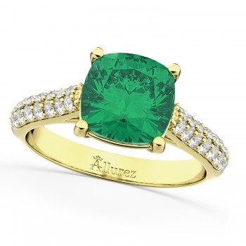 Cushion Cut Emerald & Diamond Engagement Ring 14k Yellow Gold (4.42ct)