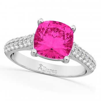 Cushion Cut Pink Tourmaline & Diamond Ring 18k White Gold (4.42ct)