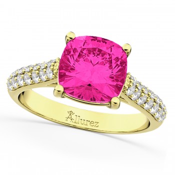 Cushion Cut Pink Tourmaline & Diamond Ring 18k Yellow Gold (4.42ct)