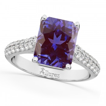Emerald-Cut Lab Alexandrite & Diamond Engagement Ring 14k White Gold (5.54ct)