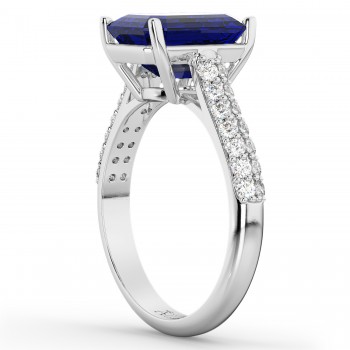 Emerald-Cut Blue Sapphire & Diamond Ring 18k White Gold (5.54ct)