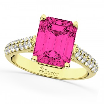 Emerald-Cut Pink Tourmaline & Diamond Ring 14k Yellow Gold (5.54ct)