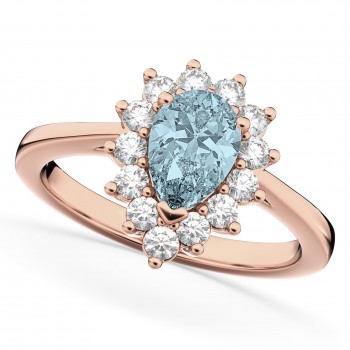 Halo Aquamarine & Diamond Floral Pear Shaped Fashion Ring 14k Rose Gold (1.07ct)