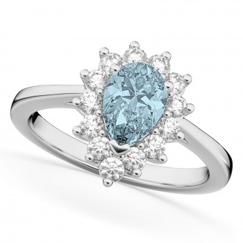 Halo Aquamarine & Diamond Floral Pear Shaped Fashion Ring 14k White Gold (1.07ct)