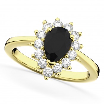 Halo Pear Shape Black Diamond Engagement Ring 14k Yellow Gold (1.12ct)