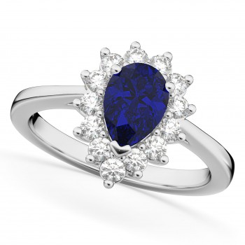 Halo Blue Sapphire & Diamond Floral Pear Shaped Fashion Ring 14k White Gold (1.27ct)