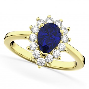 Halo Blue Sapphire & Diamond Floral Pear Shaped Fashion Ring 14k Yellow Gold (1.27ct)