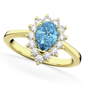 Halo Blue Topaz & Diamond Floral Pear Shaped Fashion Ring 14k Yellow Gold (1.42ct)