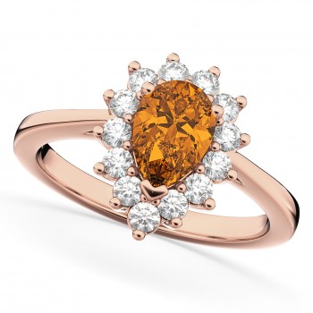 Halo Citrine & Diamond Floral Pear Shaped Fashion Ring 14k Rose Gold (1.07ct)