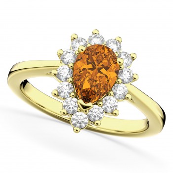 Halo Citrine & Diamond Floral Pear Shaped Fashion Ring 14k Yellow Gold (1.07ct)