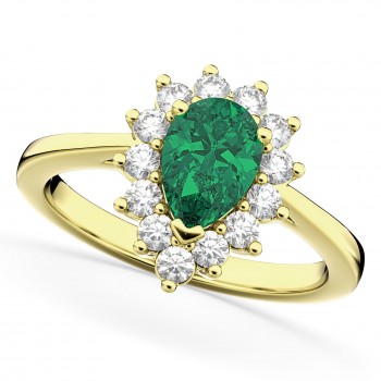 Halo Emerald & Diamond Floral Pear Shaped Fashion Ring 14k Yellow Gold (1.12ct)