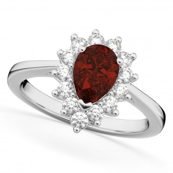 Halo Garnet & Diamond Floral Pear Shaped Fashion Ring 14k White Gold (1.42ct)