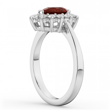 Halo Garnet & Diamond Floral Pear Shaped Fashion Ring 14k White Gold (1.42ct)