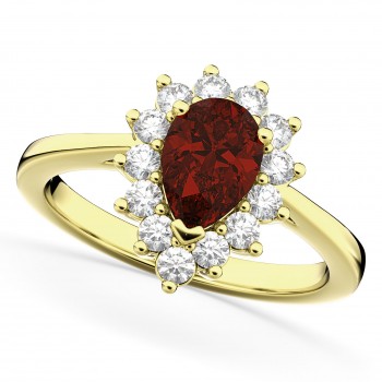 Halo Garnet & Diamond Floral Pear Shaped Fashion Ring 14k Yellow Gold (1.42ct)