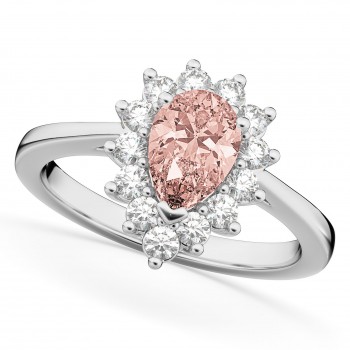 Halo Morganite & Diamond Floral Pear Shaped Fashion Ring 14k White Gold (1.07ct)