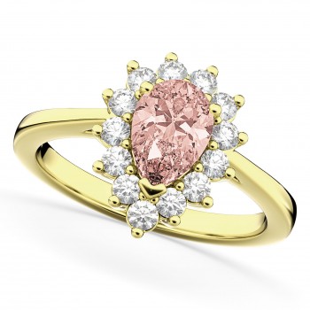 Halo Morganite & Diamond Floral Pear Shaped Fashion Ring 14k Yellow Gold (1.07ct)