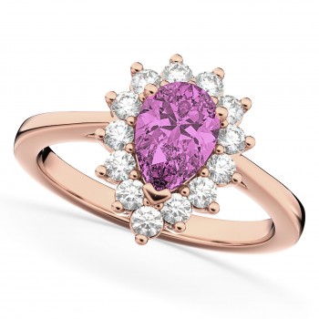 Halo Pink Sapphire & Diamond Floral Pear Shaped Fashion Ring 14k Rose Gold (1.27ct)