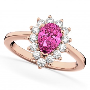 Halo Pink Tourmaline & Diamond Floral Pear Shaped Fashion Ring 14k Rose Gold (1.02ct)