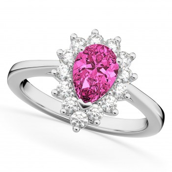 Halo Pink Tourmaline & Diamond Floral Pear Shaped Fashion Ring 14k White Gold (1.02ct)