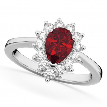 Halo Ruby & Diamond Floral Pear Shaped Fashion Ring 14k White Gold (1.27ct)