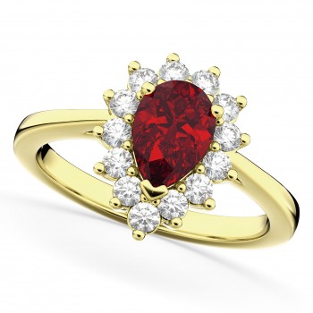 Halo Ruby & Diamond Floral Pear Shaped Fashion Ring 14k Yellow Gold (1.27ct)