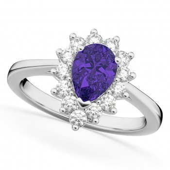 Halo Tanzanite & Diamond Floral Pear Shaped Fashion Ring 14k White Gold (1.27ct)