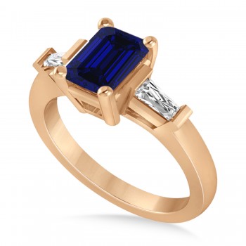 Blue Sapphire & Diamond Three-Stone Emerald Ring 14k Rose Gold (1.85ct)